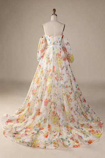 Ivory Floral A-Line Sweep Train brudekjole med ermer
